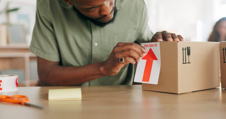 Ecommerce, logistics and small business, man with package for delivery of unique product in home...