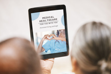 Tablet, healthcare or old couple reading health insurance information on a medical website or internet. Digital app, screen or elderly man searching online for a life plan or policy with senior woman