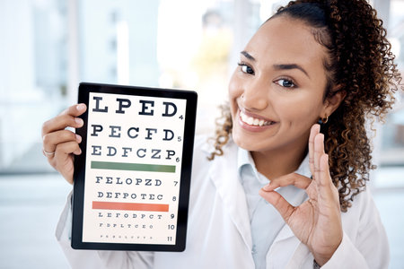 Optometry chart, tablet and doctor with ok sign in hospital for vision examination in clinic....