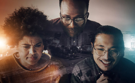 Overlay, future and team working and planning together for futuristic idea in collaboration and partnership. Teamwork, city and business people or colleagues brainstorming a strategy at workの写真素材