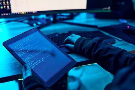 Tablet, html screen and programmer hands with coding software system for cyber security or hacking. Information technology, programming or coding hacker person with data, server and neon dark officeの写真素材