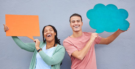 Happy couple, portrait or speech bubble on isolated background of voice opinion mockup, social media or vote mock up. Smile, man or black woman on paper poster, marketing billboard or feedback reviewの写真素材