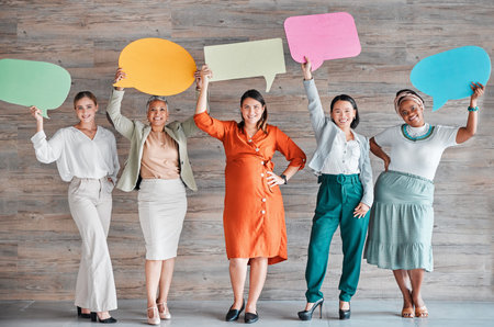 Feedback, logo and idea with business people and speech bubble for social media, recruitment and...