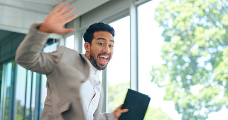 Businessman, success and good news email in office building, celebration and victory dance on...