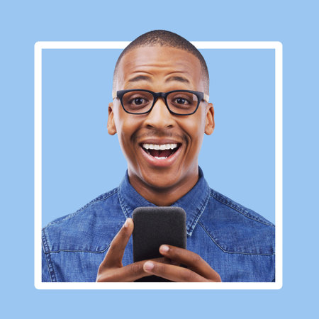 Wow, portrait and man with news, social media or shocked on mockup, space or advertising on blue...