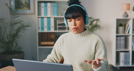 Business, creative and black woman with laptop, thinking and digital planning in modern office....