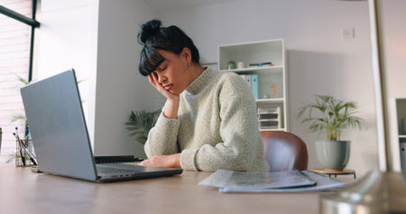 Work, tired and office stress headache of a woman working on a computer. Business tech employee with...