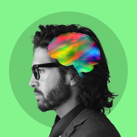 Creative thinking, brain and face of man on green background with ideas, inspiration and innovation. Digital art, psychology mind and profile of male for intelligence, brainstorming and knowledgeの写真素材