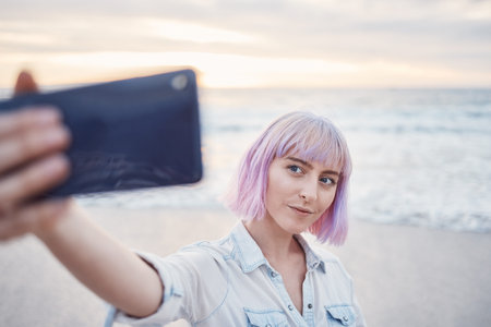 Woman, beach and selfie for profile picture, vlog or social media post on holiday vacation in...
