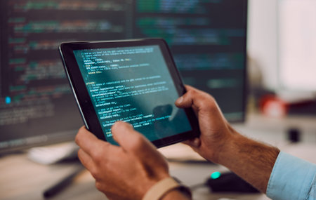Coding, tablet in hands with man, web design and software update, computer with information...