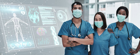 Anatomy, digital research and doctors for future technology, hologram or xray overlay in medical...