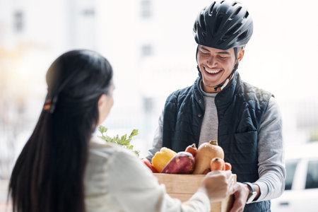 Grocery customer, courier delivery or happy man with retail sale product, food shopping or vegetable...