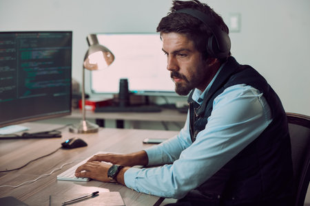 Headphones, programmer and man typing on computer, coding or programming at night. Information...