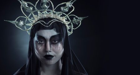Halloween makeup, woman costume and portrait of grunge Korean cosmetics with grunge royalty aesthetic. Cosplay, goth fashion and Asian model with creative cosmetics and crown in studio with mockupの写真素材