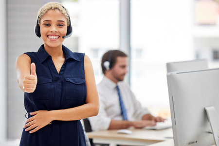 Success, portrait or happy consultant with thumbs up in call center helping with financial loan...