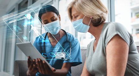 Doctor, patient and tablet with futuristic and health, digital medical report and women in face mask...