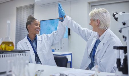 High five, teamwork or doctors for success research, medicine breakthrough or partnership in lab....