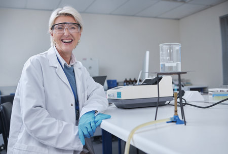 Mature woman, portrait or laboratory glass in science research, future dna engineering or bacteria...