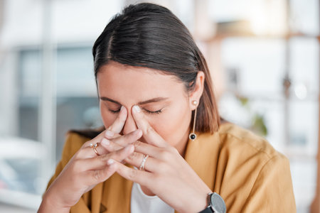 Stress, headache and tired with business woman in office for anxiety, burnout and mental health....