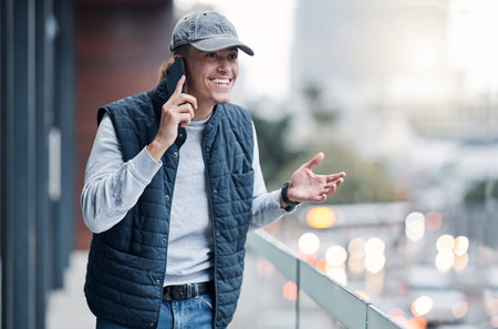 Phone call, communication and man happy in city for conversation, winning bonus and celebrate in New...