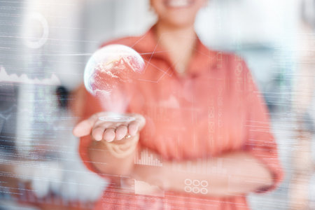 Globe, hologram and woman hands for global networking, digital world overlay and futuristic company data. Holographic, future technology and person worldwide solution in palm for internet businessの写真素材
