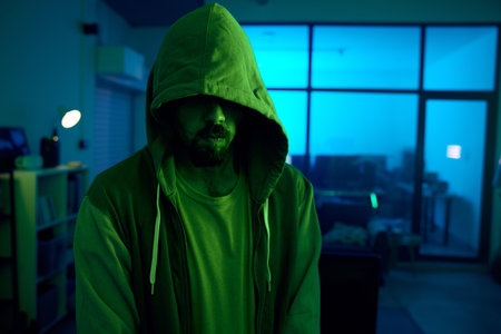 Man, hacking or dark hoodie in neon living room with cybersecurity, software programming or phishing mystery. Hacker, hood or night clothes with secret virus ideas of fraud scam, crime or theftの写真素材