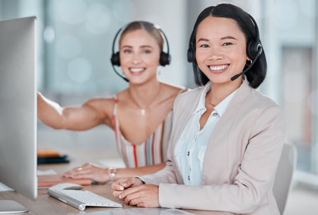 Woman, call center and portrait smile for telemarketing, customer support or agency service at office desk. Happy female consultants or agents smiling in contact us for desktop advice, help or salesの写真素材