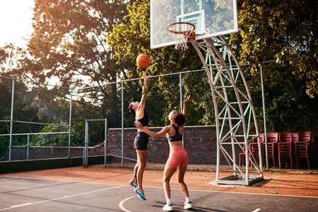 I need to score. an attractive young sportswoman blocking her opponent during a basketball game...