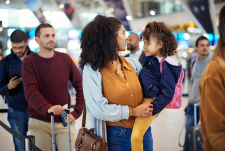 Airport, happy mother and girl at international flight check for plane board or airplane ticket...