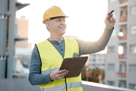 Clipboard, city and man construction worker planning on a building for maintenance, renovation or...