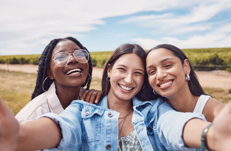 Happy, friends and selfie with women in nature for social media, bonding and summer break. Smile,...