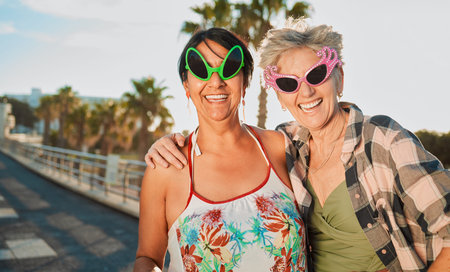 Funny, sunglasses and senior women hug, happy and laugh on fun vacation, trip or crazy summer...