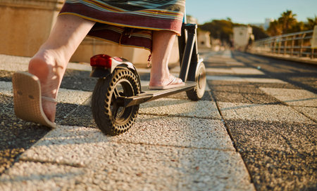 Scooter, feet and travel with a senior woman using eco friendly transport to commute on the...