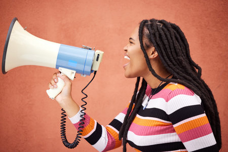 Megaphone, protest or angry black woman with speech announcement for politics, equality or human...