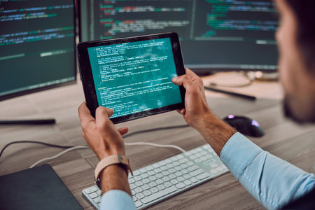Coding, computer and tablet in hands with man, programmer and software update, IT and code at desk. Cybersecurity, ux and network with wifi, web design and cyber space with tech and cpu programmingの写真素材