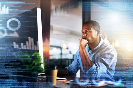 Thinking, futuristic and black man on computer with double exposure for finance, fintech and data...