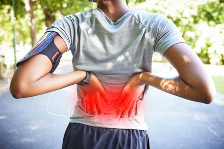Red back pain, fitness and woman outdoor in park for exercise injury with scoliosis, wound and risk...