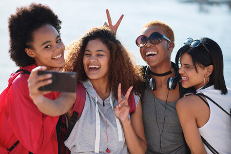 Women friends, group selfie and peace with smile, support and happiness for summer adventure...