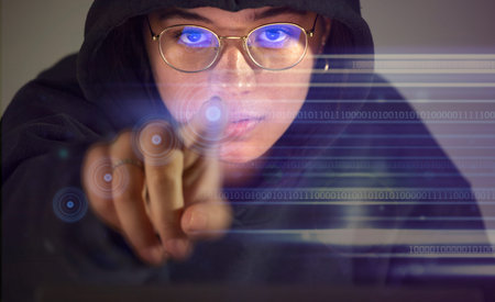 Hologram, cyber woman and touch screen portrait for 3d, futuristic or future technology in digital...