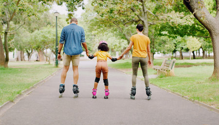 Family, park and holding hands to rollerskate with girl child with care, learning and support....