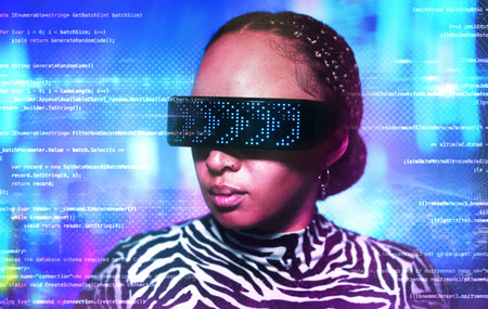 Woman, metaverse and virtual reality glasses with overlay for digital transformation. Person face...