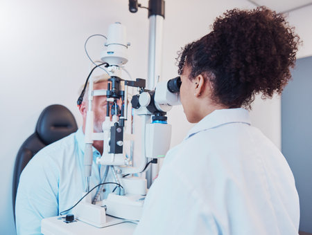 Optometry, eye exam and ophthalmologist testing patient vision or eyes using a slit lamp machine by a doctor. Healthcare, eyecare and medical insurance professional doing a visual examination on manの写真素材