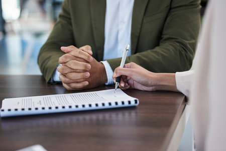 Meeting, office and woman signing a contract after a corporate job interview with human resources....