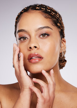 Skincare, beauty and black woman portrait in studio for spa cosmetic, makeup and dermatology. Face of aesthetic model person on grey background for facial collagen and wellness glow or shineの写真素材