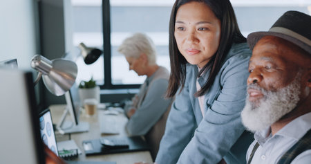 Business, manager training employee and conversation for system process, schedule and office. Black...