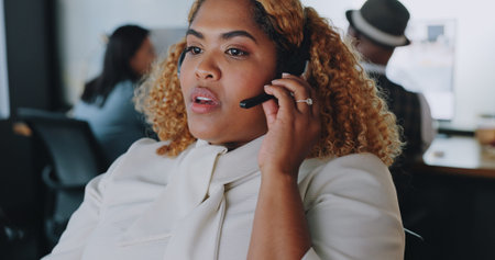 Call center woman, communication and explain for customer service, help and advice in office for...