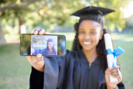 College graduation, certificate and black woman selfie with phone in hand to celebrate achievement....