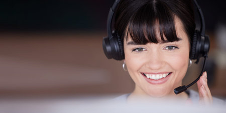 Telemarketing face, smile or woman communication on microphone for customer support, consulting or...