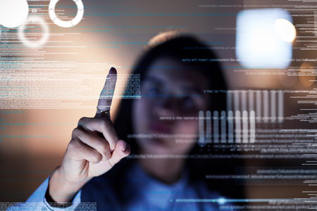 Touch screen, hologram and woman with data analytics, coding software and programming developer at night. Futuristic, holographic or overlay of future technology worker, person with hand interactionの写真素材