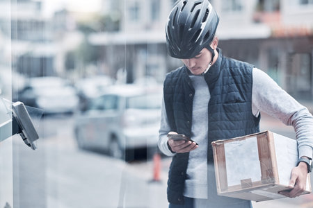 Smartphone, courier box or delivery man waiting with retail sales product, cargo mail or shipping...